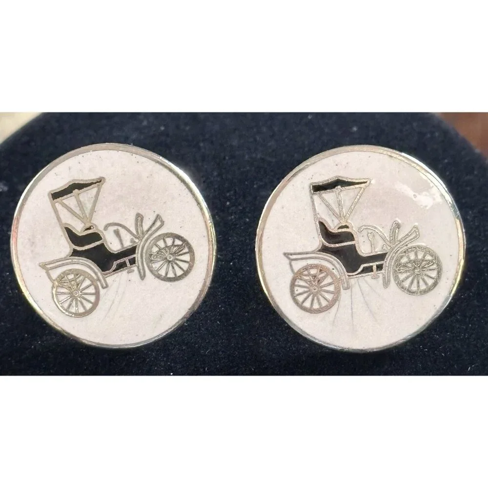 Vintage Enamel 1904 Ford Model A Car Cufflinks Pair Round White‎ Gold